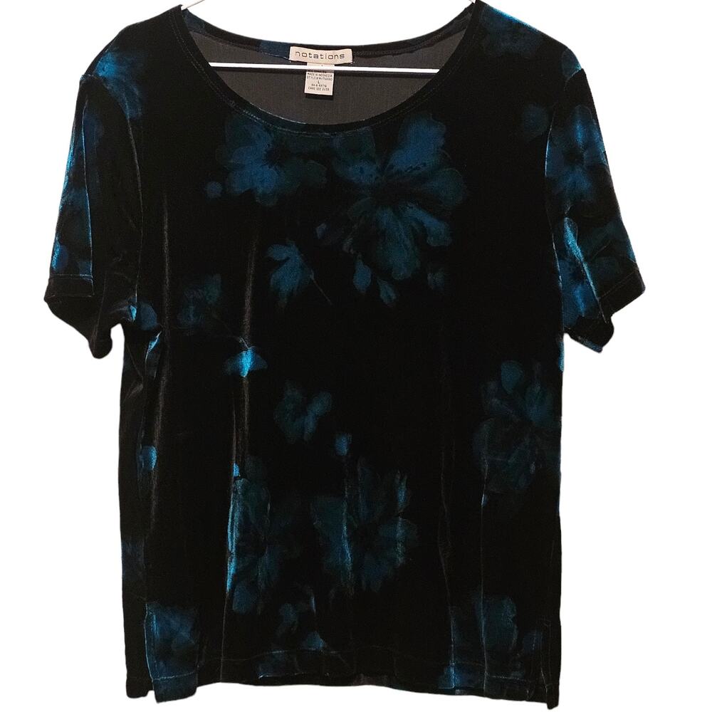 Vintage Notations Black and Teal Velvet Floral Top Size Large